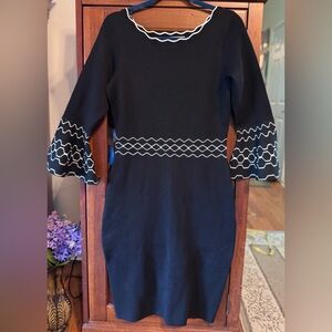 Danny & Nicole Black Dress with White Patterns w Bell Sleeves size Small